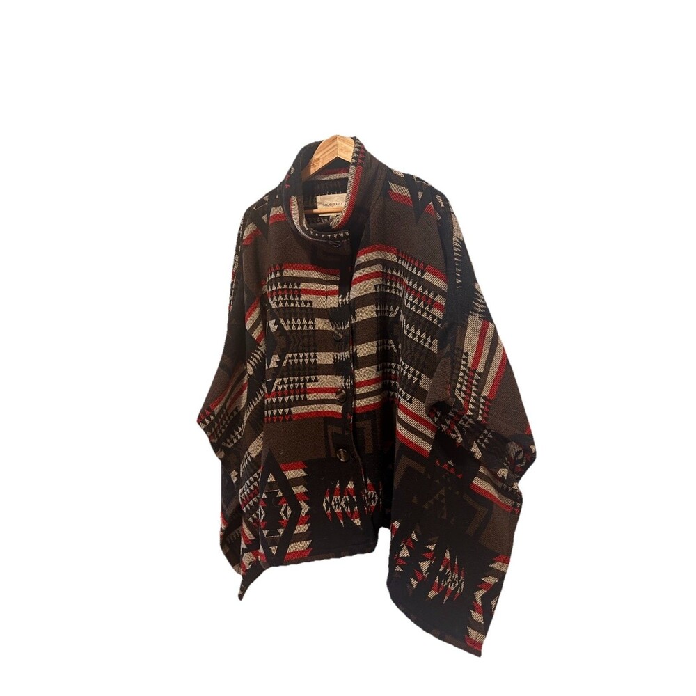 Thread & Supply Poncho Women XS/S Black Brown Red Aztec Wrap Blanket Button Down